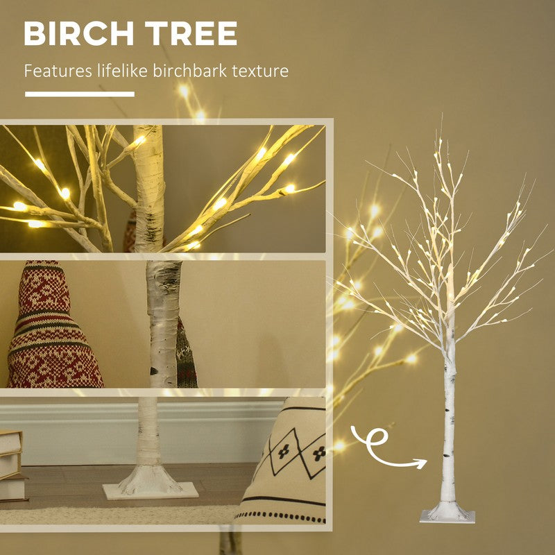 Homcom 4ft Artificial White Birch Tree Light with Warm White Pre-Lit LED Light for Indoor and Covered Outdoor Use