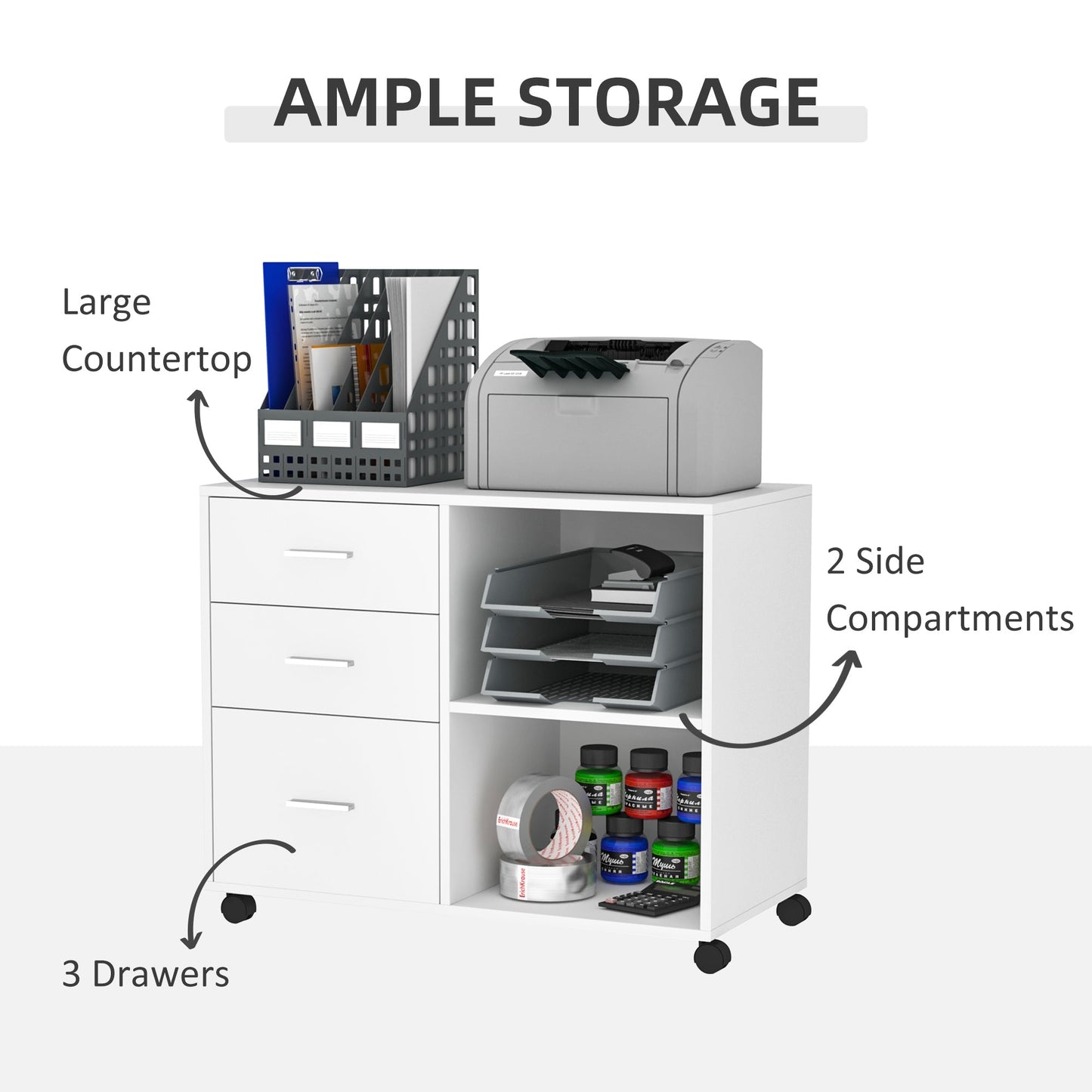 Freestanding Printer Stand Unit Office Desk Side Mobile Storage w/ Wheels 3 Drawers