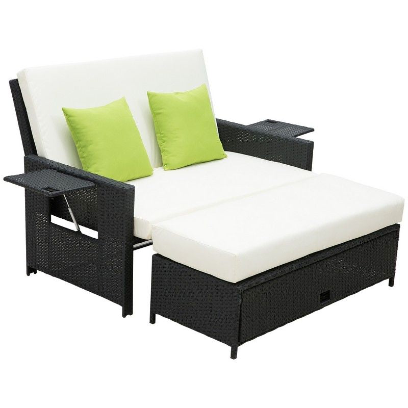 Outsunny Outsunny Rattan 2-Seater Sofa Sun Lounger Bed-Black