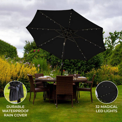 Solar LED Tilt Garden Parasol by Raven - 2.7M Black