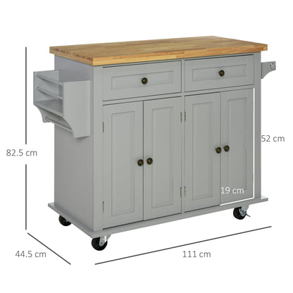 Rolling Kitchen Island Storage Trolley with Rubber Wood Top & Drawers for Dining Room