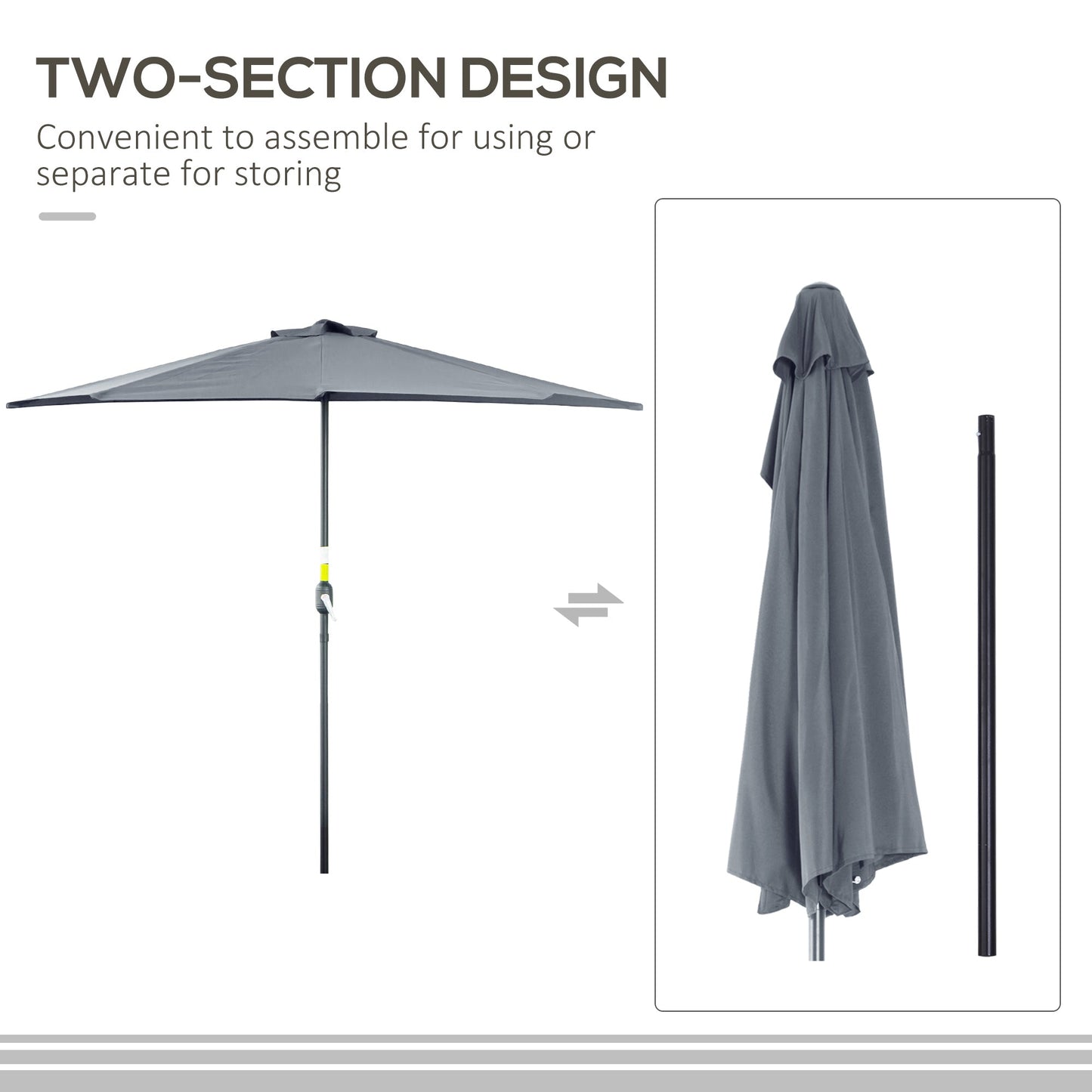 2.7m Balcony Half Parasol 5 Steel Ribs Construction Garden Outdoor Umbrella Grey