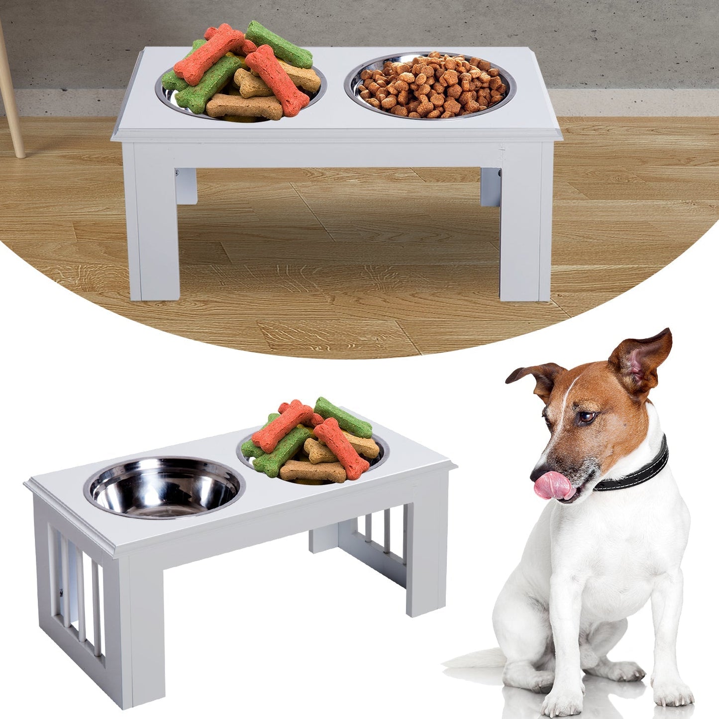 PawHut Stainless Steel Raised Dog Feeding Bowls with Stand for Small Medium Dogs Elevated Twin Pet Bowls Water Food Feeder 58.4L x 30.5W x 25.4H cm - White