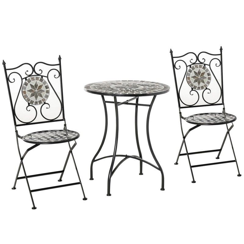 Outsunny Outsunny 3 Pcs Mosaic Tile Garden Bistro Set Outdoor Seating w/ Table 2 Folding Chairs Set Metal Frame Elegant Scrolling Indoor Patio Balcony