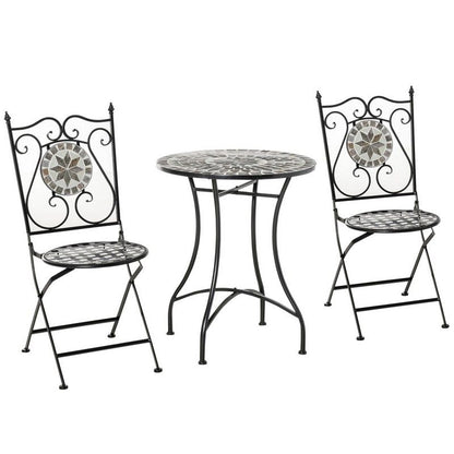 Outsunny Outsunny 3 Pcs Mosaic Tile Garden Bistro Set Outdoor Seating w/ Table 2 Folding Chairs Set Metal Frame Elegant Scrolling Indoor Patio Balcony