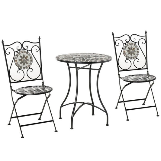 Outsunny Outsunny 3 Pcs Mosaic Tile Garden Bistro Set Outdoor Seating w/ Table 2 Folding Chairs Set Metal Frame Elegant Scrolling Indoor Patio Balcony