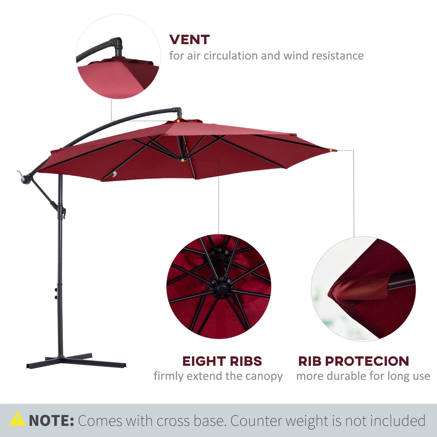 Cantilever Umbrella Parasol Hanging Banana Steel Dark Green 3M Patio Wine Red