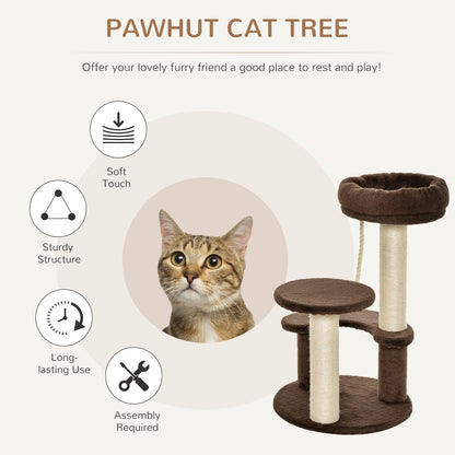 PawHut 65 cm Cat Tree for Indoor Cats Kitty Scratcher Kitten Activity Center Scratching Post Playhouse 2 Perch w/ Hanging Sisal Rope Brown