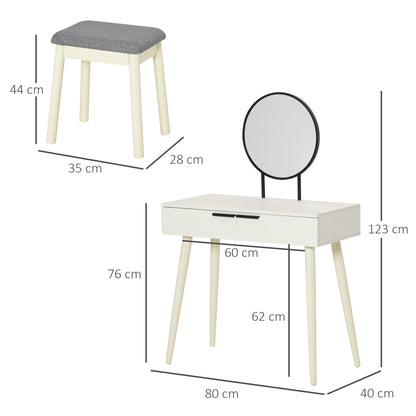 Dressing Table Vanity Set Makeup Desk with Round Mirror Cushioned Stool 2 Drawers for Bedroom Jewelry Storage Set