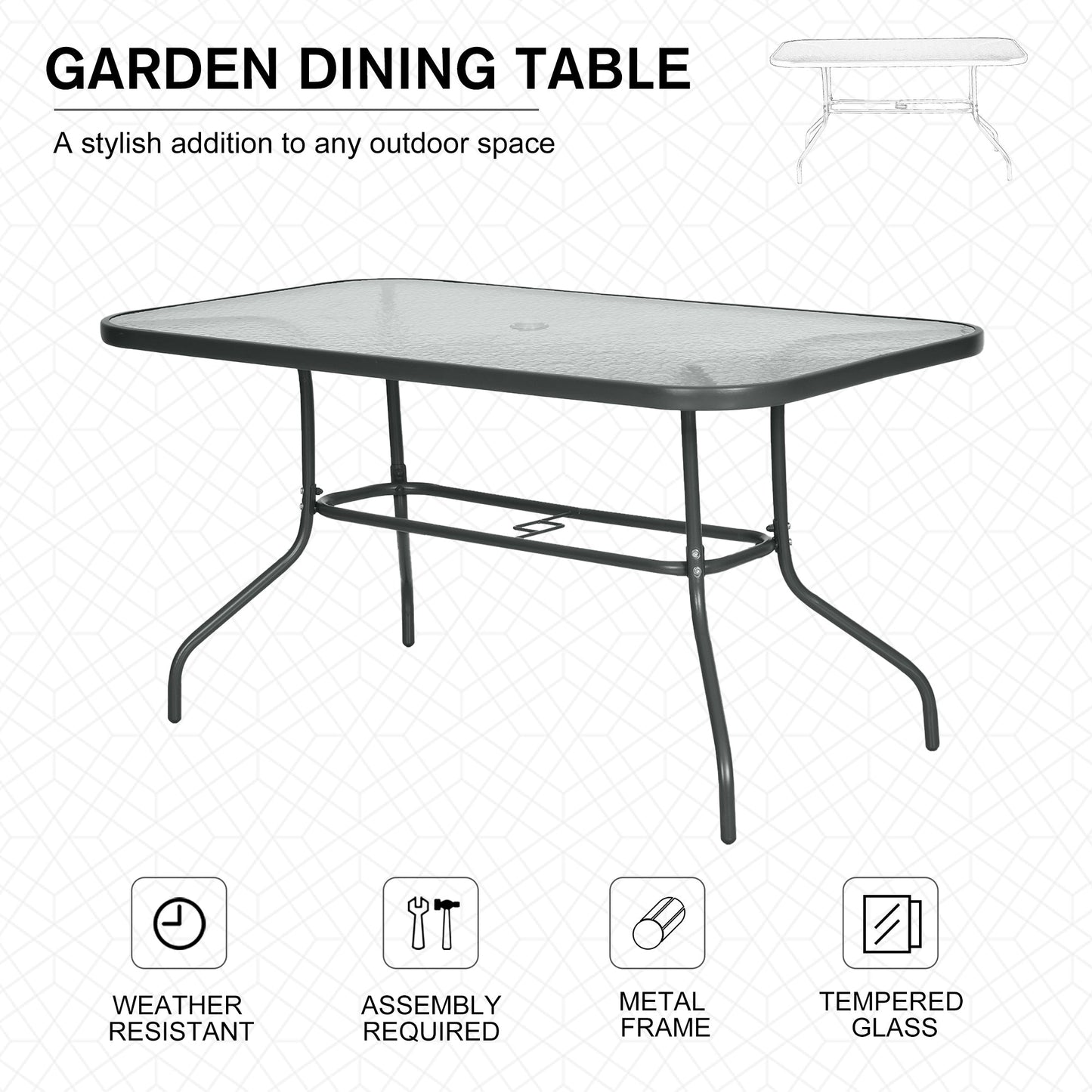 Aquatex Glass Garden Table Curved Metal Frame Parasol Hole 4 Legs Outdoor Grey