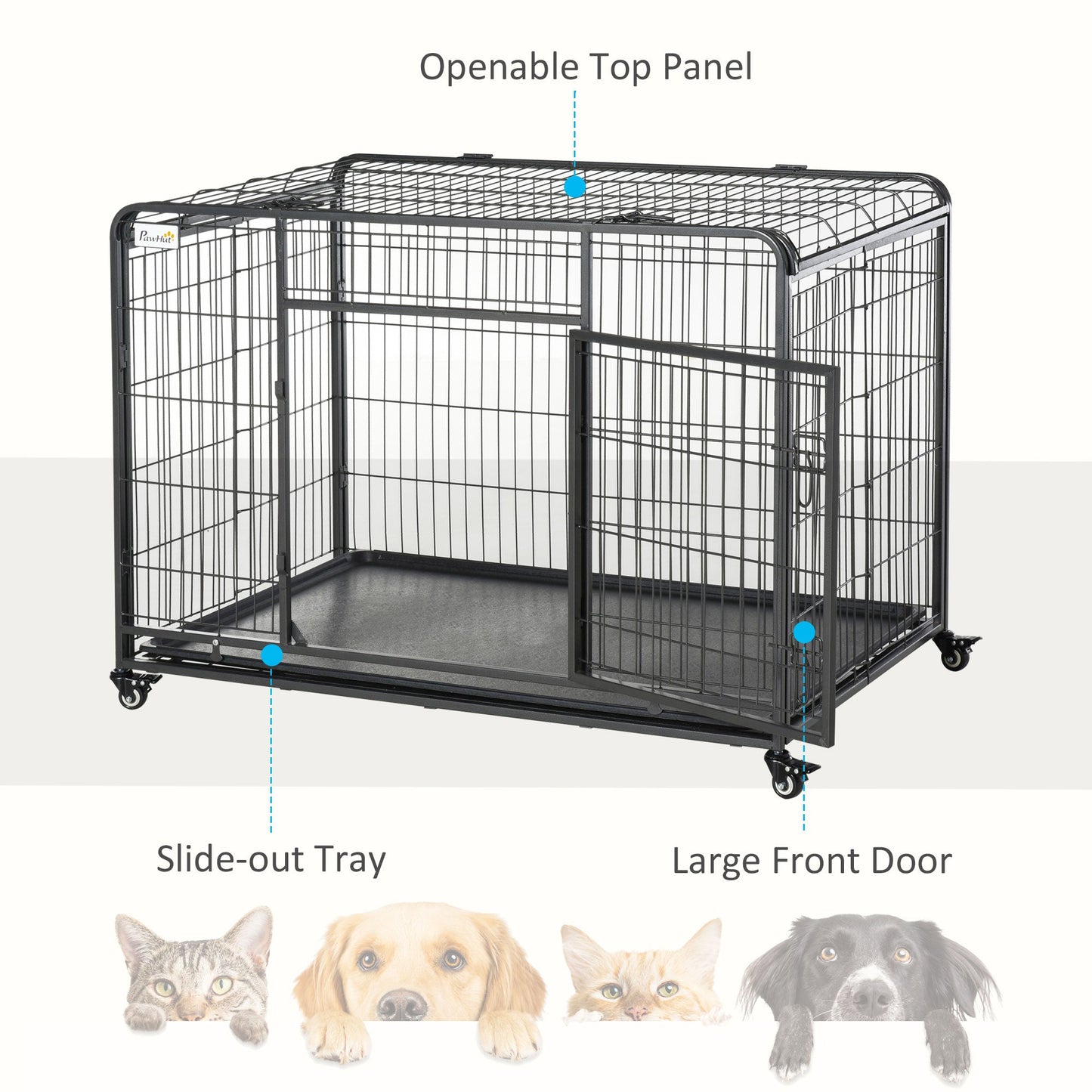 PawHut Metal Dog Cage Kennel Locking Door & Wheels Removable Tray Openable Top For Extra Large Pets 125 x 76 x 81 cm