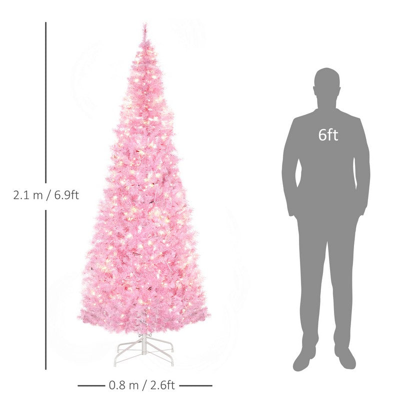 Homcom 7ft Prelit Christmas Tree Artificial - Pink with LED Lights Warm White 818 Tips