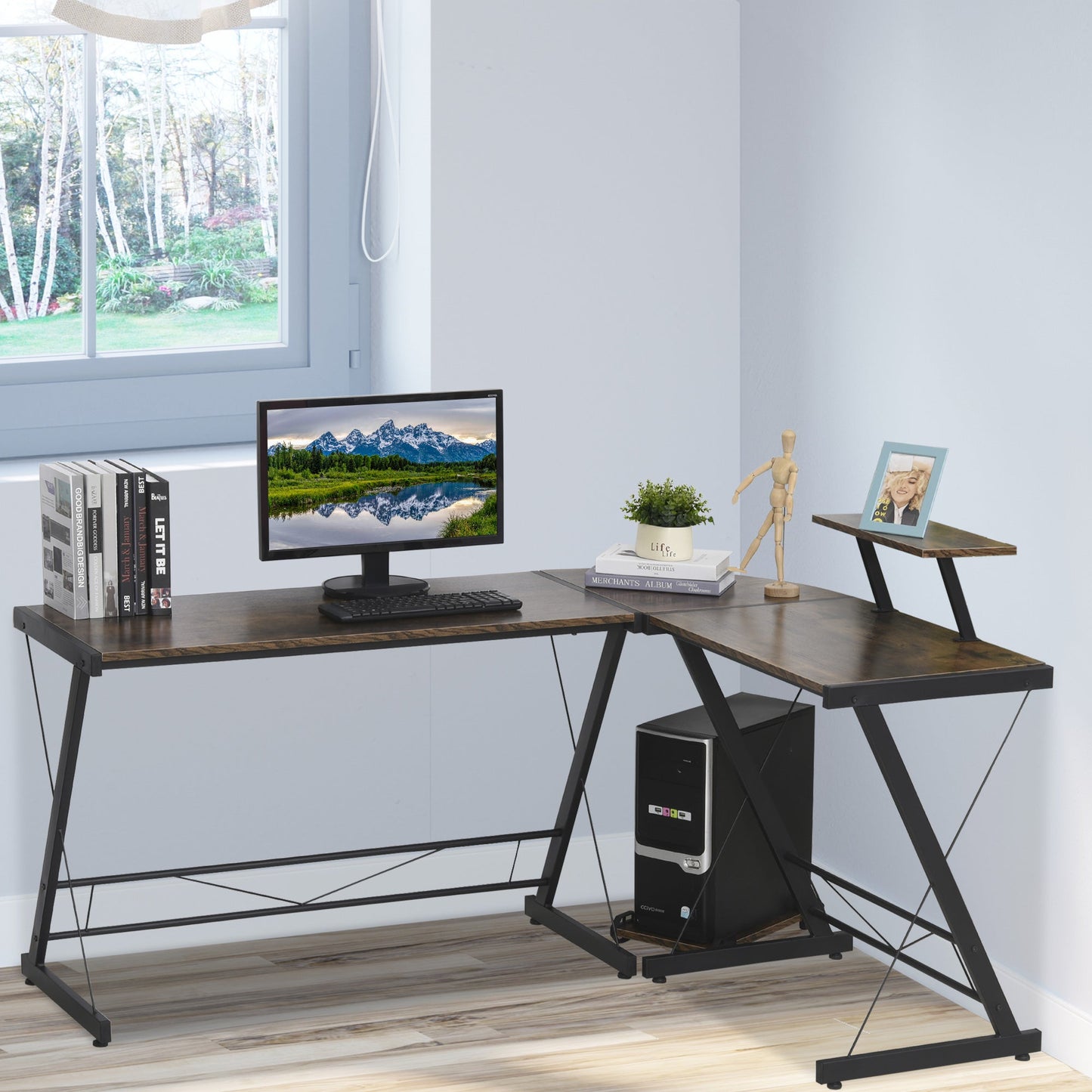 Homcom L Shaped Computer Desk Round Corner Gaming Table Workstation With Storage Shelf Cpu Stand For Home Office