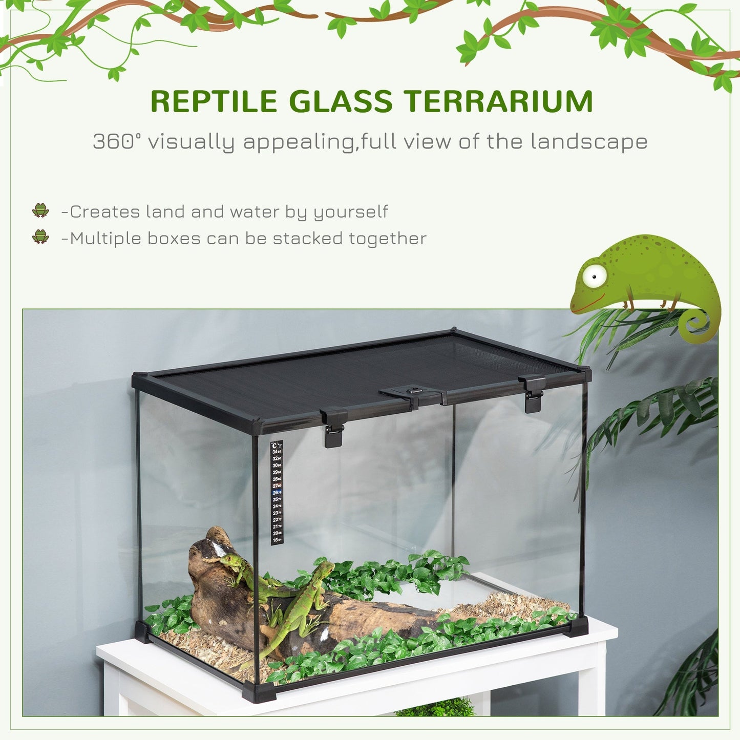 Pawhut 50 X 30 X 35 cm Reptile Terrarium For Lizards Horned Frogs Snakes Black