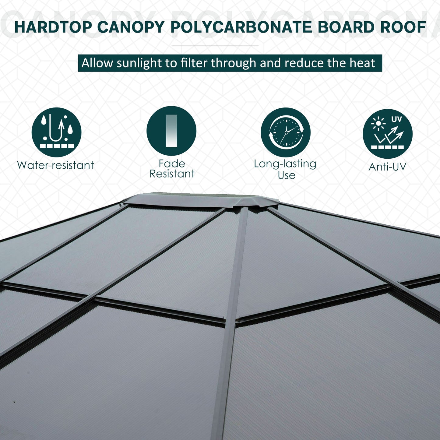 3 x 3.6m Polycarbonate Hard Top Gazebo with LED Solar Light and Aluminium Frame