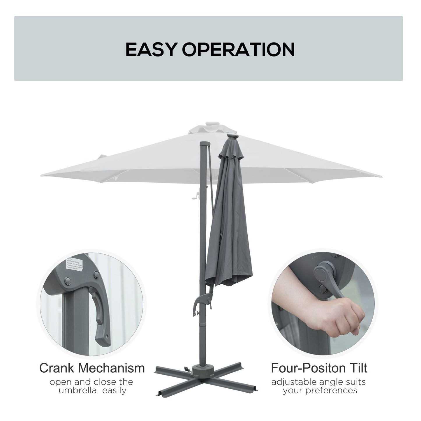 3M Cantilever Roma Parasol Patio Sun Umbrella with Crank & Tilt LED Solar Light Cross Base 360° Rotating Outdoor