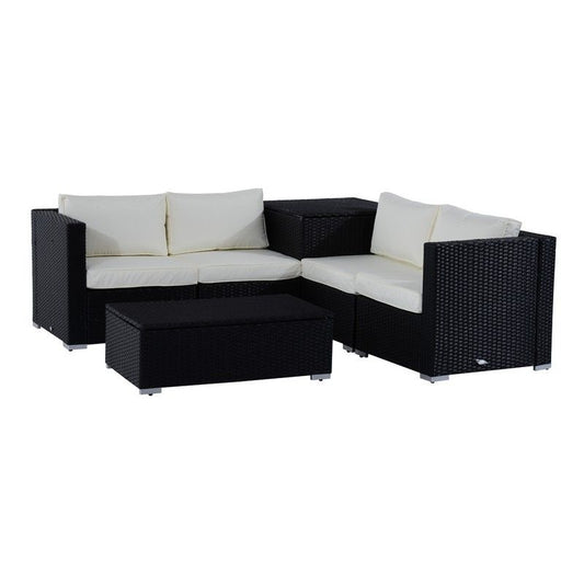 Outsunny Outsunny 6Pc Rattan Corner Sofa Set Wicker 4 Seater Garden Storage Coffee Table Conversation Ottoman Outdoor Weave Furniture W/ Cushion Black