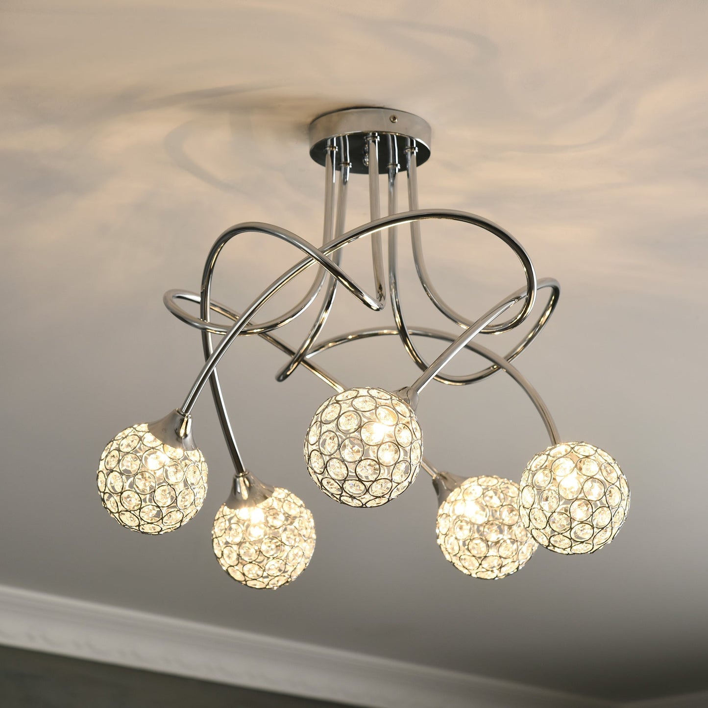 Modern Crystal Ball Chandelier Ceiling Light Pendant Light with 5 Lampshades 5 G9 Bulbs Required Silver