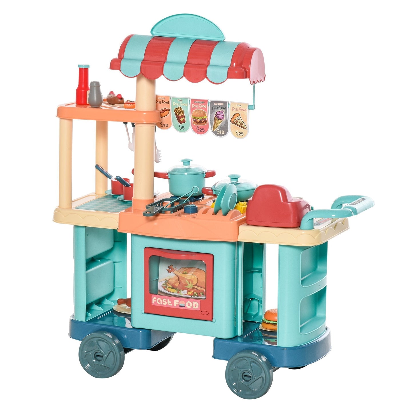 Kids Food Cart Pretend Playset Kitchen Supermarket Trolley Set w/ Accessories