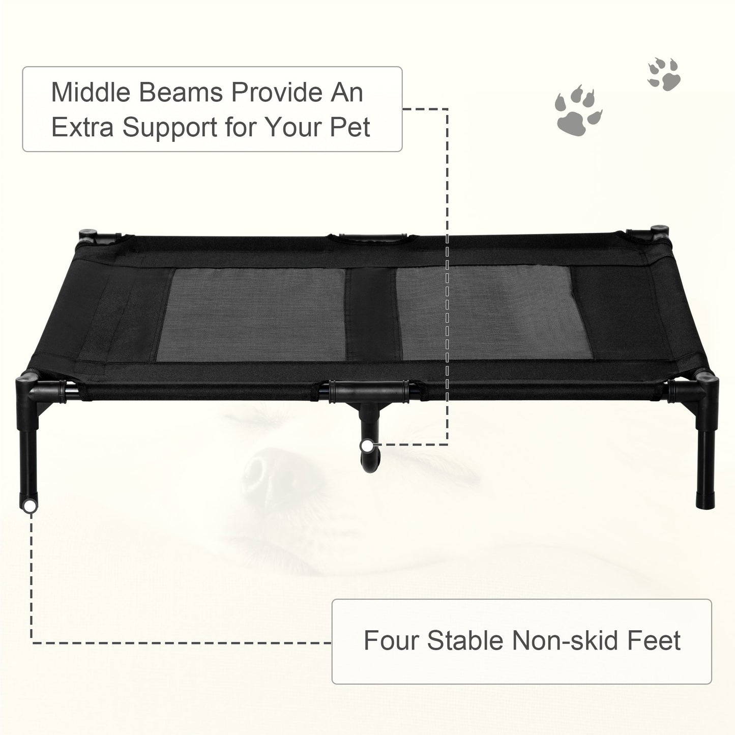 PawHut Large Raised Dog Bed Cat Elevated Lifted Cooling Portable Camping Basket Outdoor Indoor Mesh Pet Cot Metal Frame Black