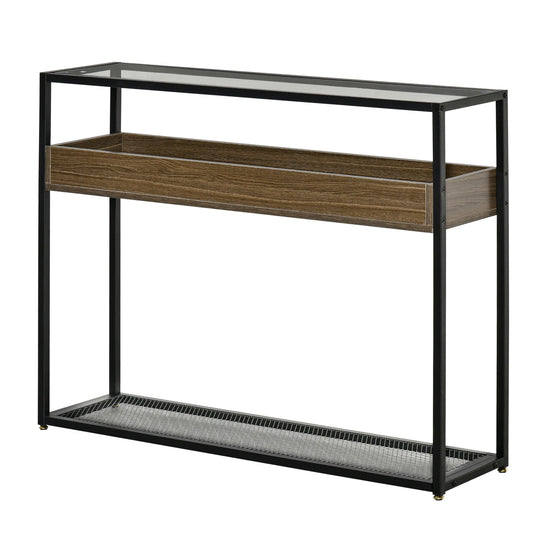 Industrial Style Console Table Sofa Table with Tempered Glass Top and Steel Frame for Living Room Hallway Entrance