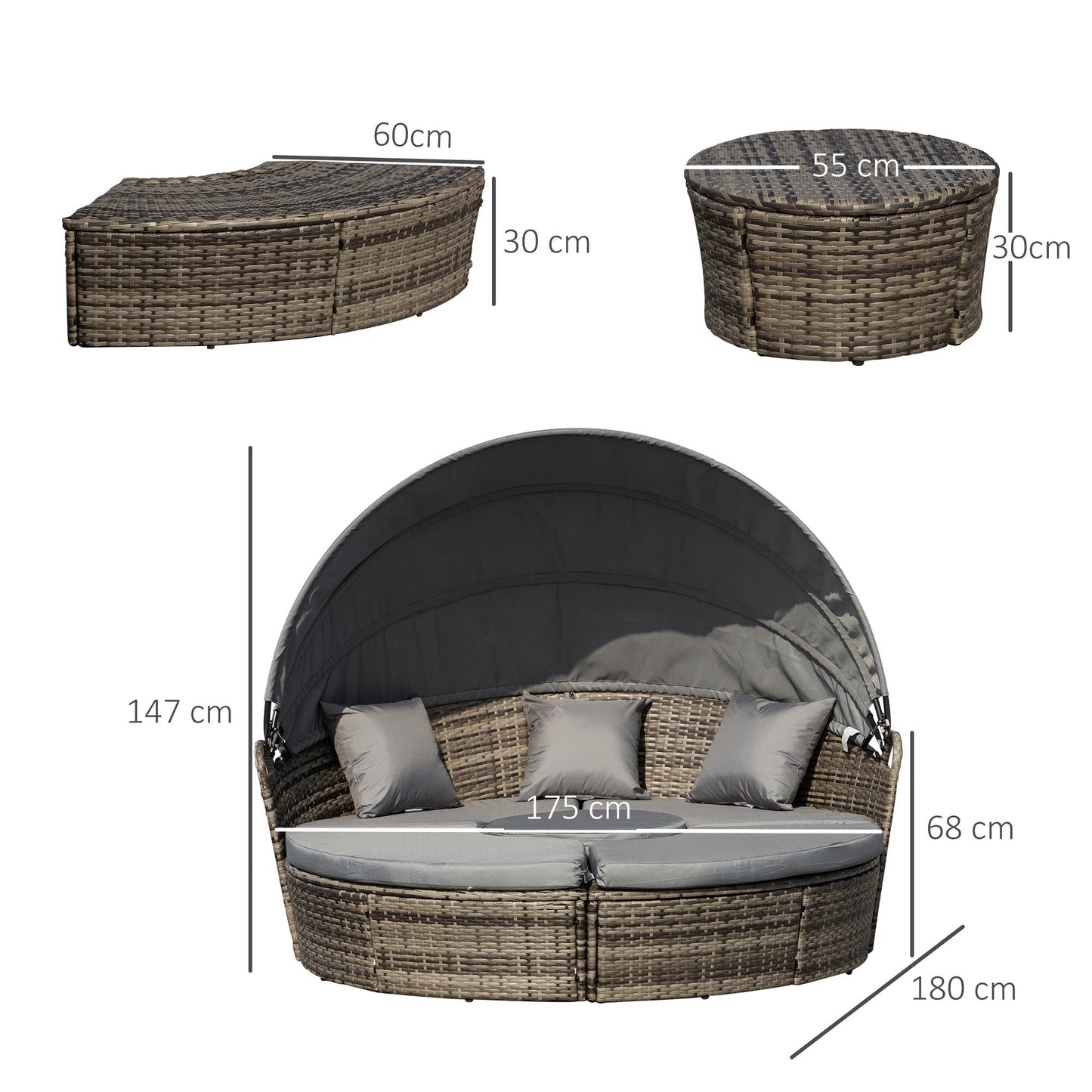 Rattan Garden Furniture Cushioned Wicker Round Sofa Bed with Coffee Table Patio Conversation Furniture Set - Grey