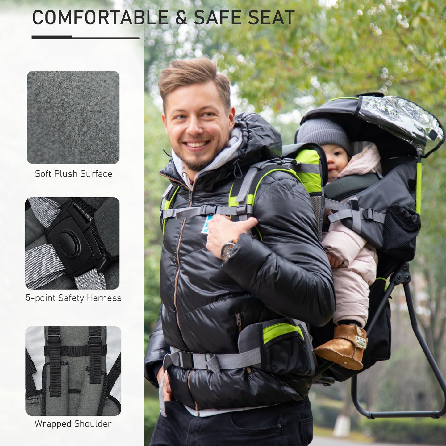 Baby Hiking Backpack Carrier Child Carrier with Ergonomic Hip Seat Detachable Rain Cover Adjustable Straps Stand for Toddler 6 - 36 Months Black