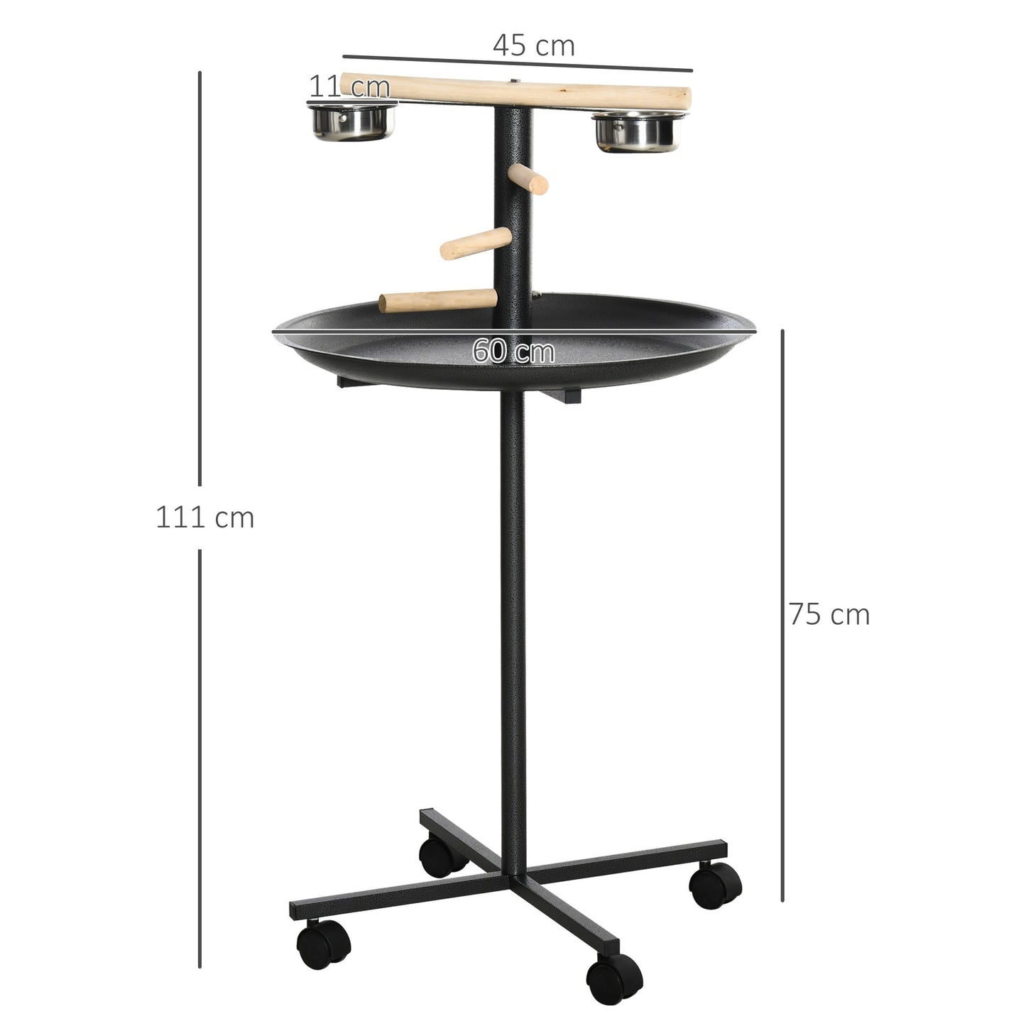 111cm Bird Barh & Feeder Wheeled Stainless Steel & Wood Black by Pawhut