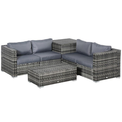 Outsunny Outsunny 6Pc Rattan Corner Sofa Set Wicker 4 Seater Garden Storage Coffee Table Conversation Ottoman Outdoor Weave Furniture W/ Cushion Grey