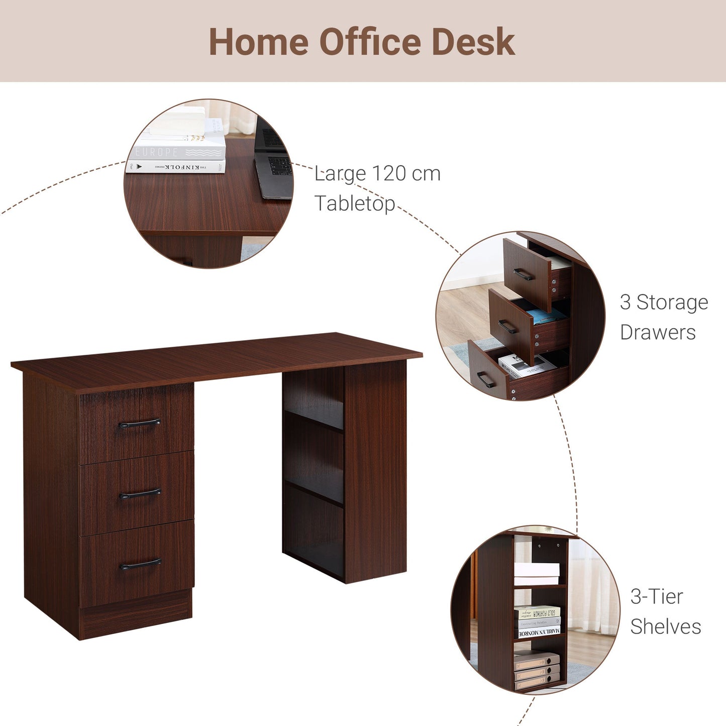 120cm Computer Desk with Storage Shelves Drawers