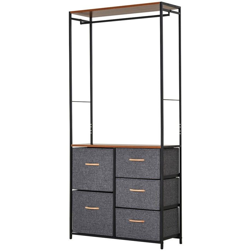 Homcom Homcom Chest of Drawers with Coat rack Steel Frame 5 Drawers Bedroom Hallway Home Furniture Black Brown