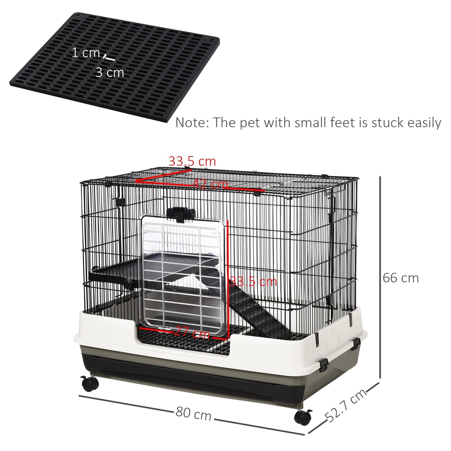 PawHut 2 Tier Rolling Small Animal Rabbit Cage Chinchillas Hutch Pet Play House with Platform Ramp Removable Tray 80 x 52.7 x 66 cm