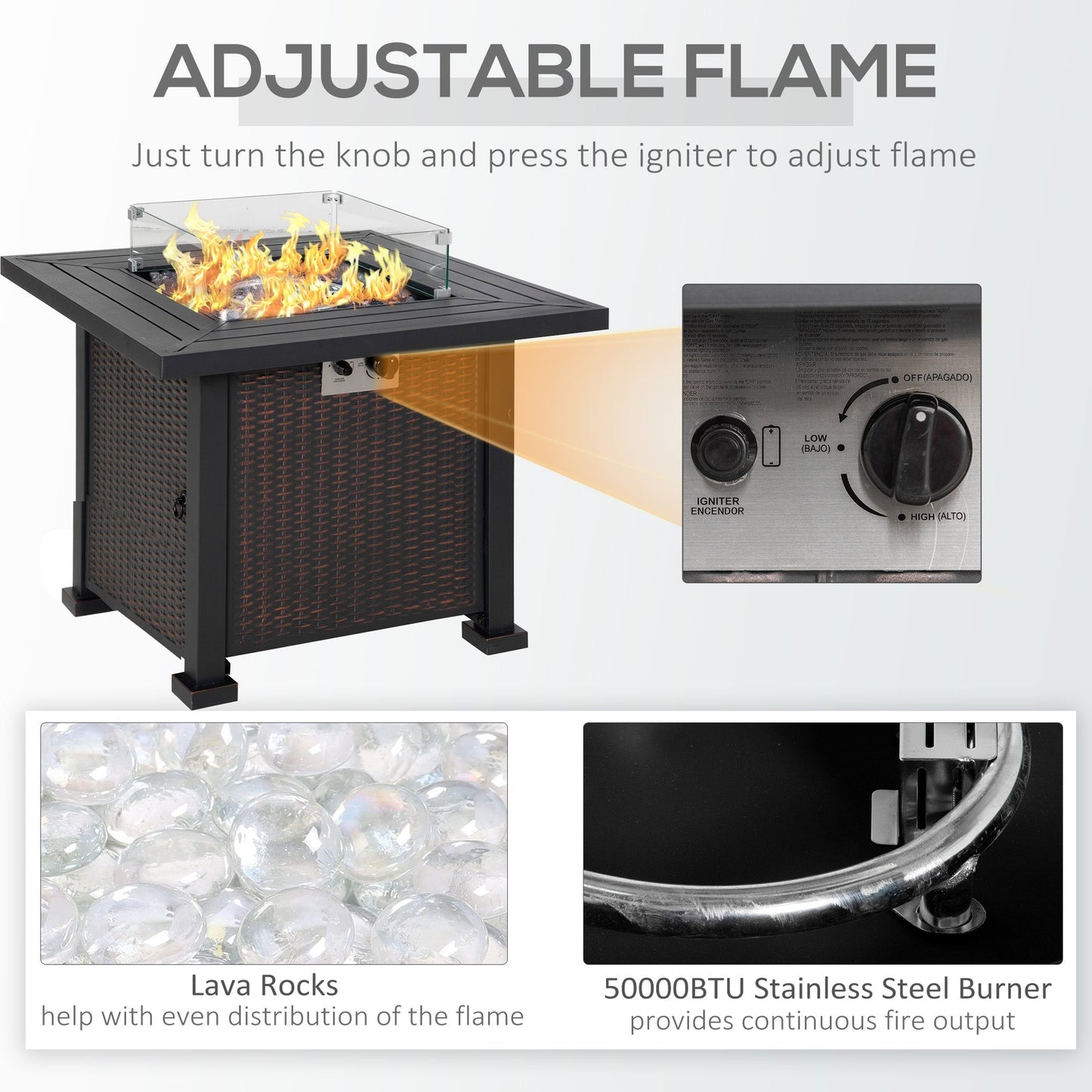 Square Propane Gas Fire Pit Table