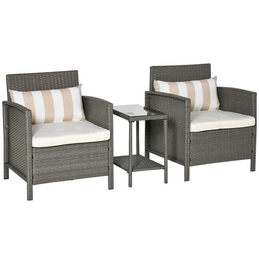 Outsunny Outsunny Garden Outdoor Rattan Furniture 3 Pieces Patio Bistro Set Wicker Weave Conservatory Sofa Chair & Table Set With Cushion Pillow - Light Grey