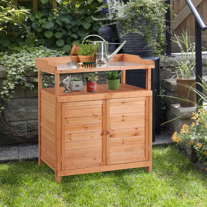 Multi-function Potting Bench Table w/ Storage Cabinet and Galvanized Table Top