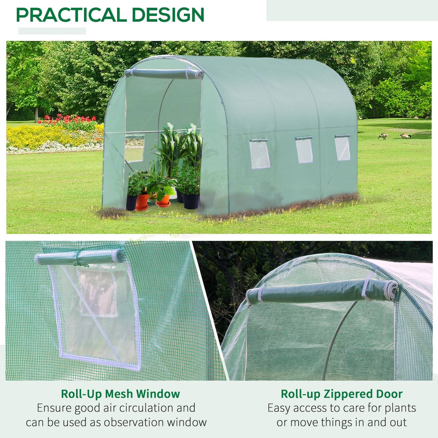 Outsunny 3x2 m Polytunnel Walk-in Greenhouse with Zip Door and Windows-Green