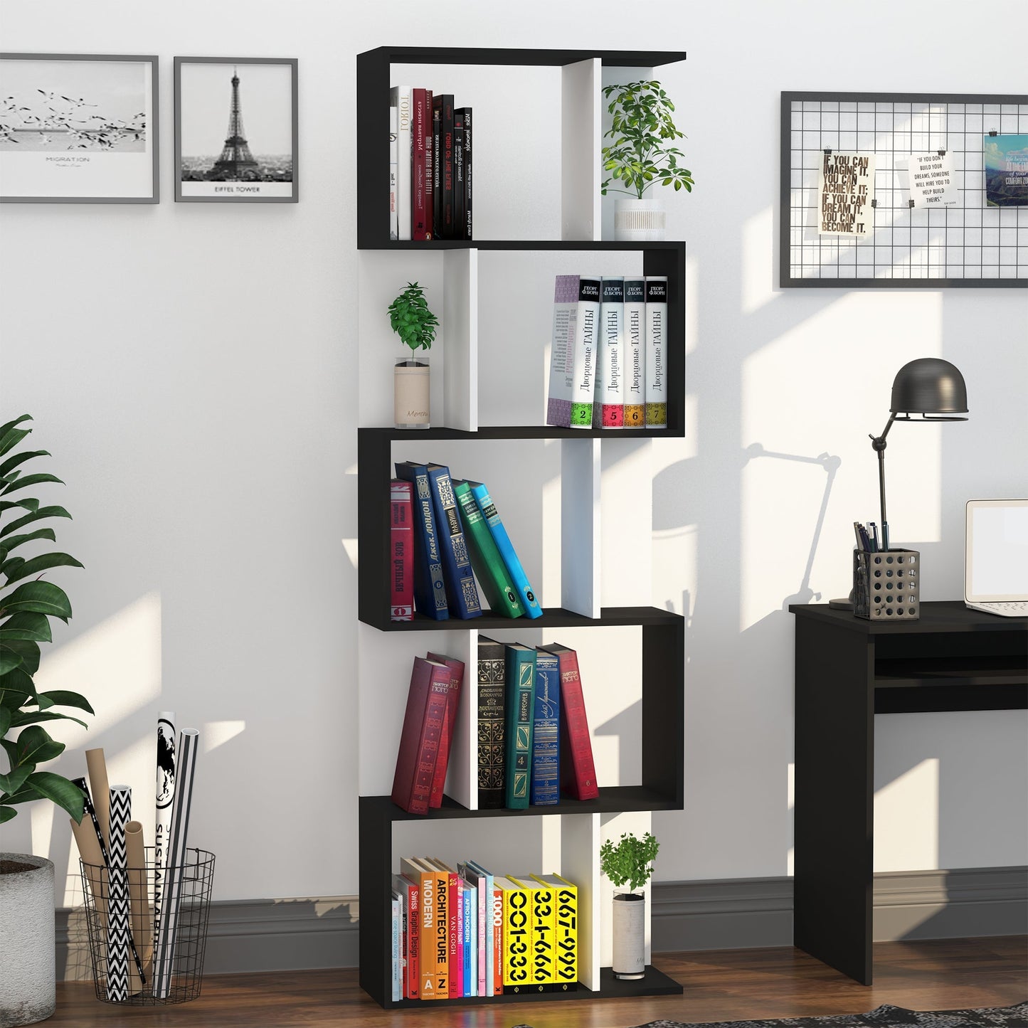 5-tier Bookcase Storage Display Shelving S Shape design Unit Divider Black