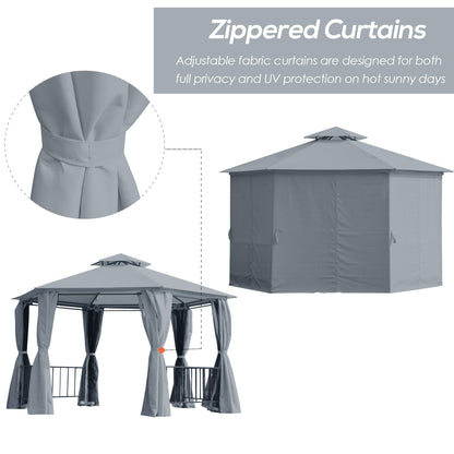 3 x 3M Hexagon Gazebo Patio Canopy Party Tent Outdoor Garden Shelter w/ 2 Tier Roof & Side Panel - Grey