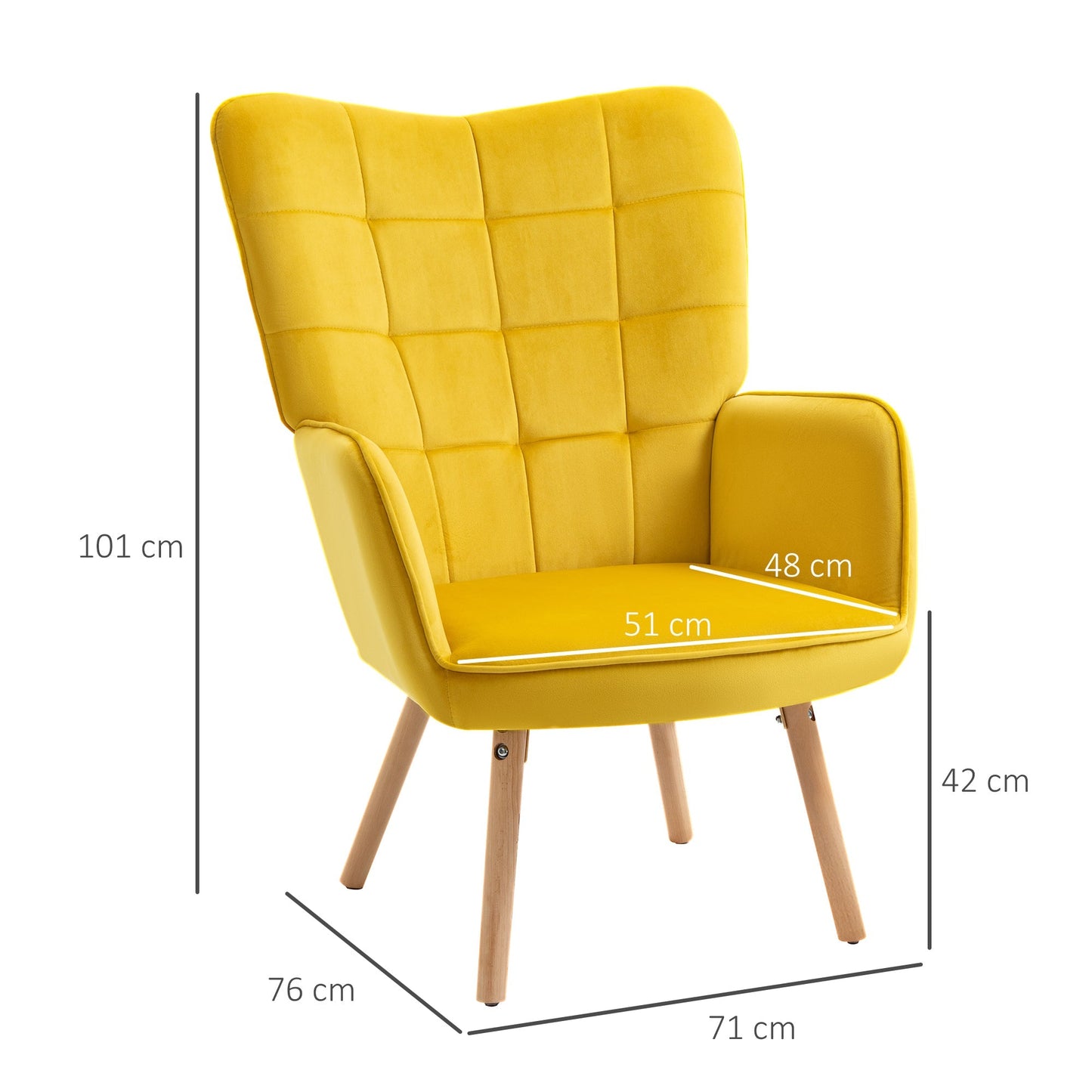 Accent Chair VelvetTufted Wingback Armchair Club Chair with Wood Legs Yellow