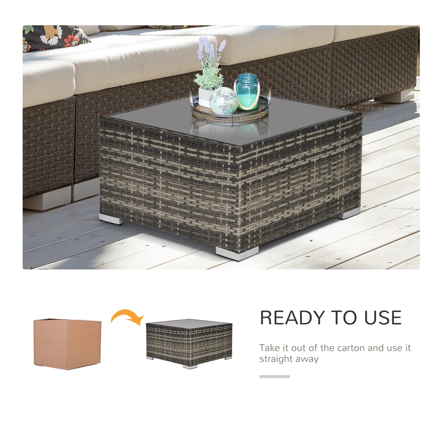 Square PE Wicker Rattan Table with Glass Top - Dark Grey