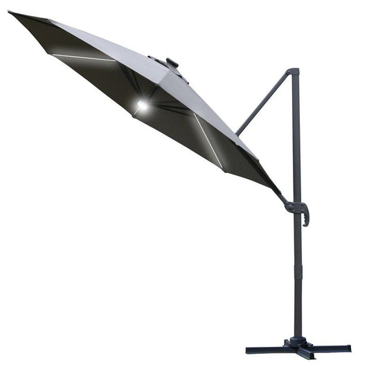 Outsunny Outsunny 3(M) Led Cantilever Parasol Outdoor Sun Umbrella With Base Solar Lights Grey