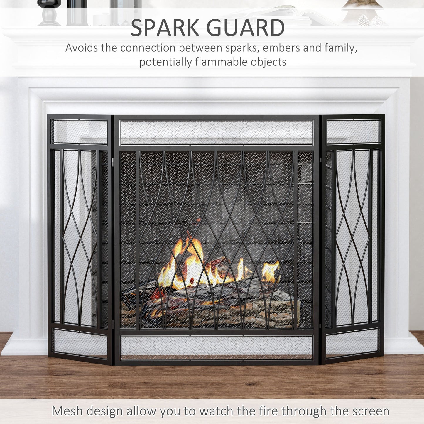 Homcom 3-Panel Folding Fireplace Screen Home Metal Mesh Fire Spark Guard 126L X 3W X 80H cm-Black