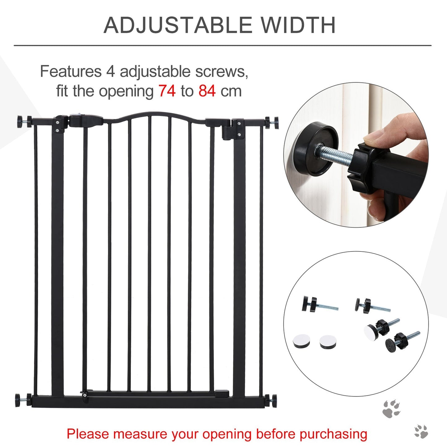 PawHut 74-84cm Adjustable Metal Pet Gate Safety Barrier w/ Auto-Close Door Black