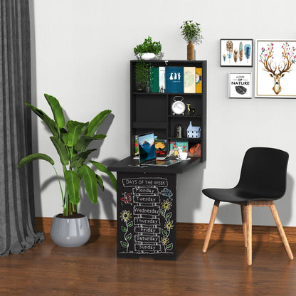 Folding Wall-Mounted Drop-Leaf Table With Chalkboard Shelf Multifunction Black