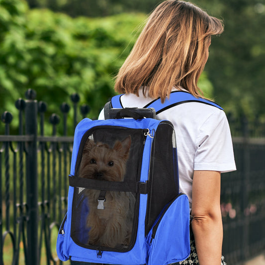 PawHut Pet Travel Backpack Bag Cat Puppy Dog Carrier w/ Trolley and Telescopic Handle Portable Stroller Wheel Luggage Bag Blue