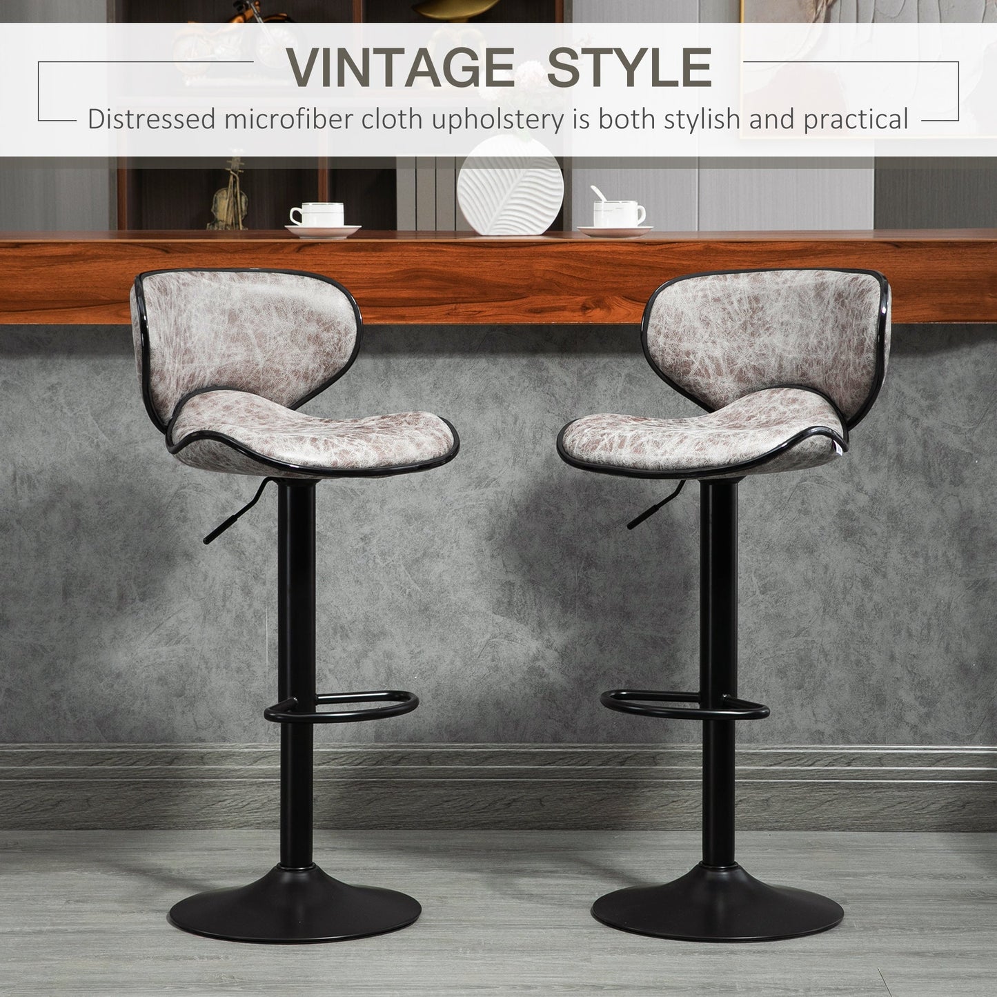 Bar Stool Set of 2 Microfiber Cloth Adjustable Height Armless Chairs with Swivel Seat