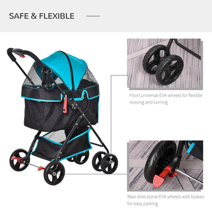 PawHut Pet Stroller Pushchair Foldable Carriage w/ Brake Basket Adjustable Canopy Removable Cloth