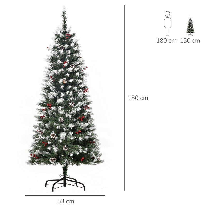 Homcom 5 Foot Artificial Christmas Tree Xmas Pencil Tree with Red Berries and Pinecones Holiday Home Indoor Decoration with Foldable Feet