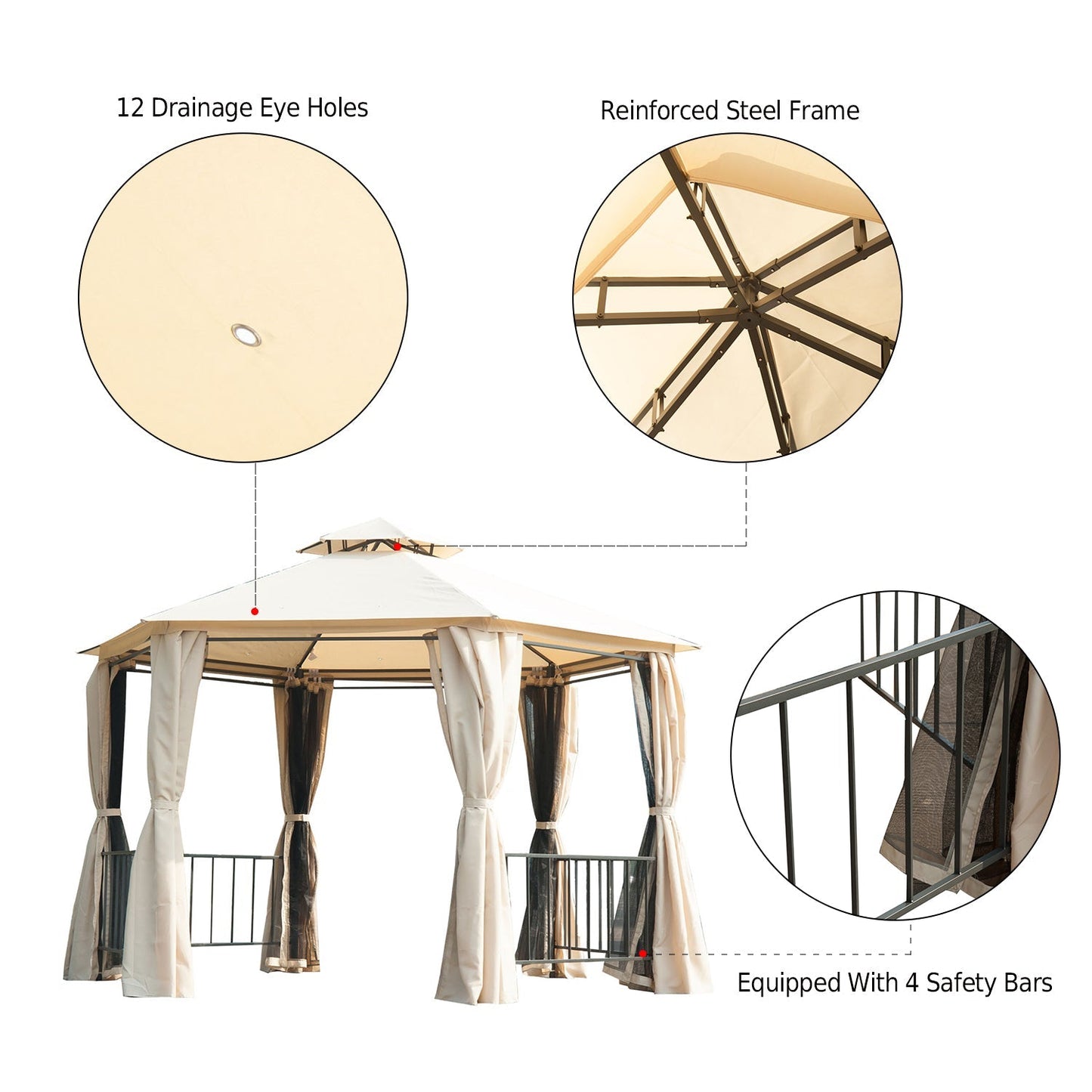 Outsunny 3 X 3M Hexagon Gazebo Patio Canopy Party Tent Outdoor Garden Shelter With 2 Tier Roof & Side Panel - Beige