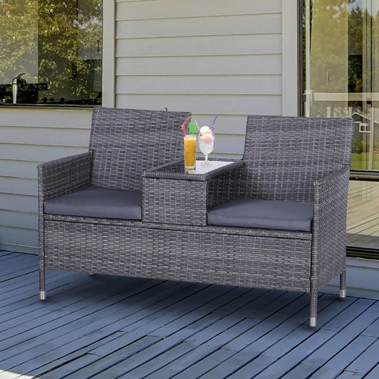 Outsunny Outsunny 2-Seater PE Rattan Outdoor Garden Bench w/ Centre Table Grey